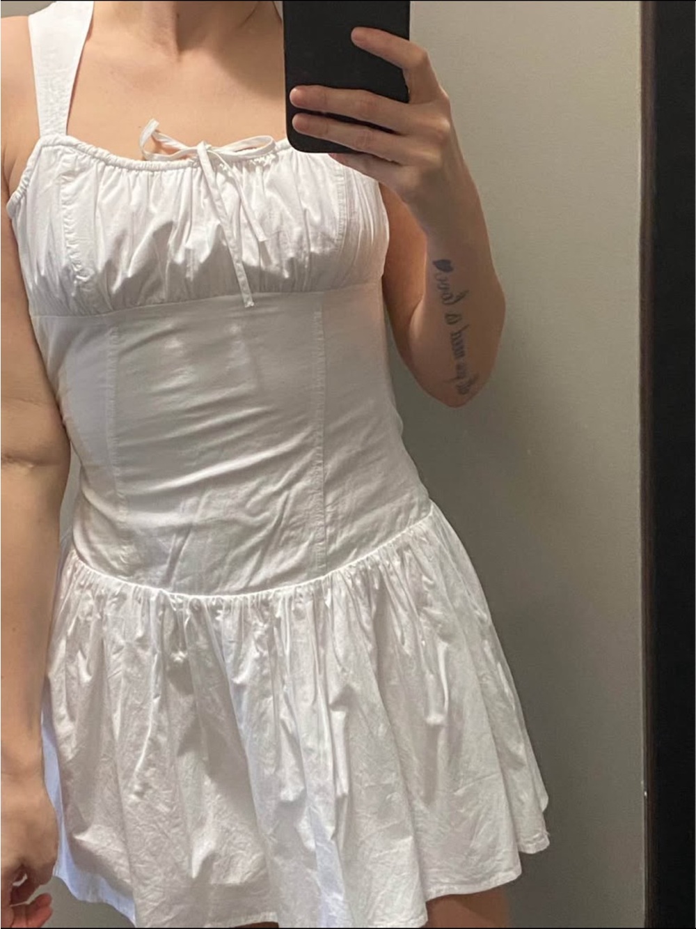 White Square-Neck Mini Dress with Tie Detail